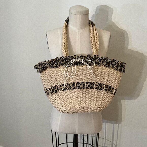 Straw wicker shoulder Bag with Leopard fabric details 2-double rope straps NWOT - Picture 5 of 5